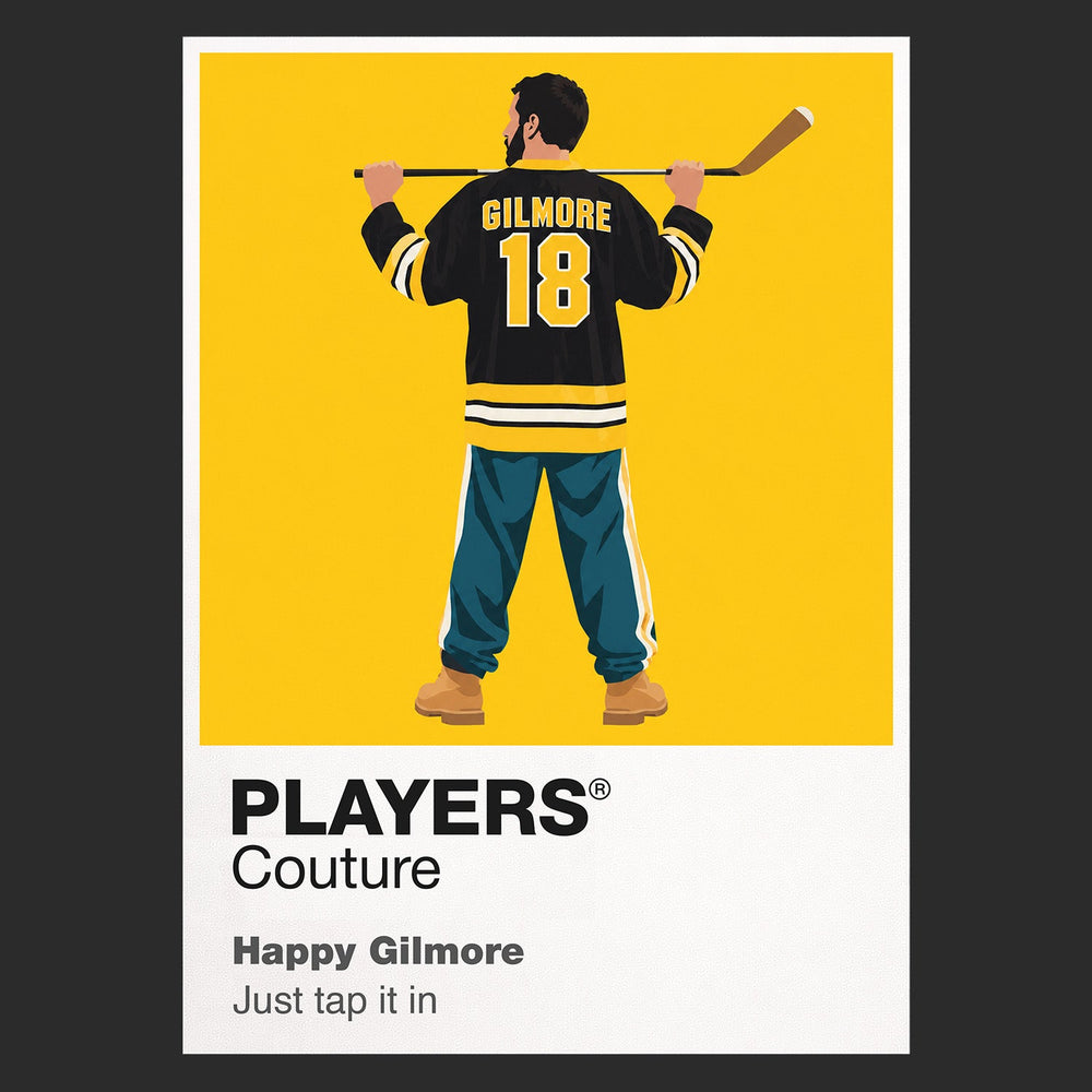 Happy Gilmore Happy using his running hockey-style golf swing on the tee Icon Frame artwork in black