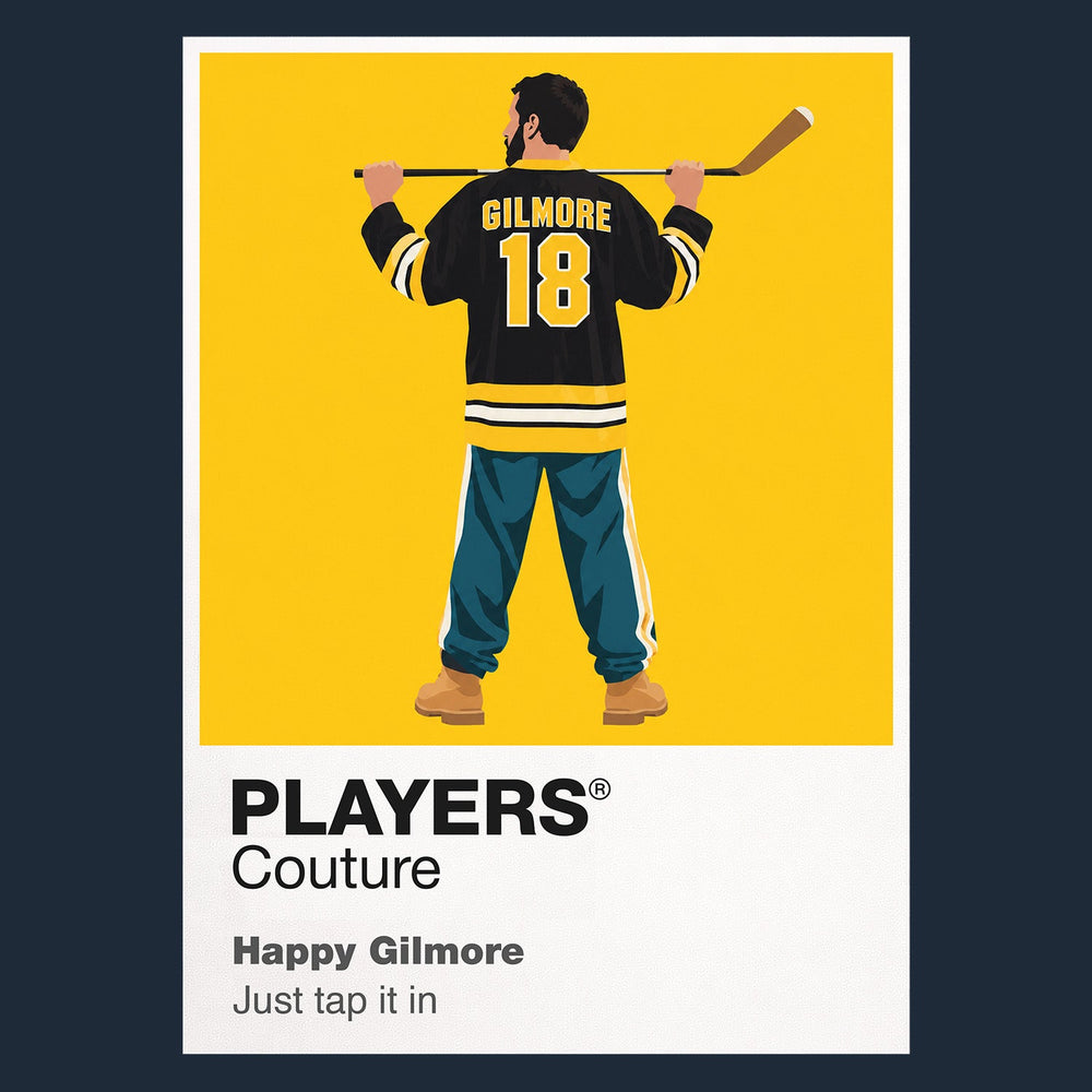 Happy Gilmore Happy using his running hockey-style golf swing on the tee Icon Frame artwork in navy