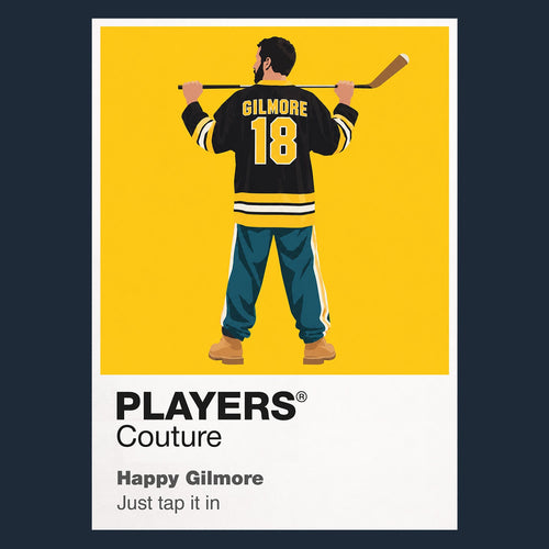 Happy Gilmore Happy using his running hockey-style golf swing on the tee Icon Frame artwork in navy