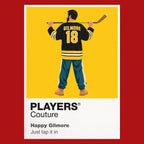 Happy Gilmore Happy using his running hockey-style golf swing on the tee Icon Frame artwork in red
