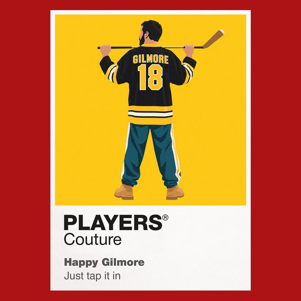 Happy Gilmore Happy using his running hockey-style golf swing on the tee Icon Frame artwork in red