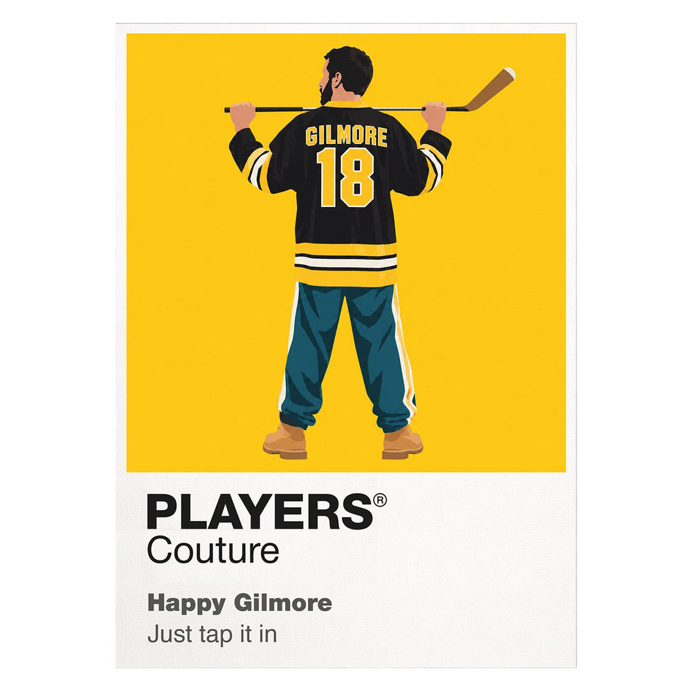 Happy Gilmore Happy using his running hockey-style golf swing on the tee Icon Frame artwork on white