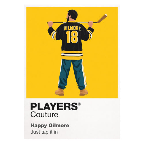 Happy Gilmore Happy using his running hockey-style golf swing on the tee Icon Frame artwork on white