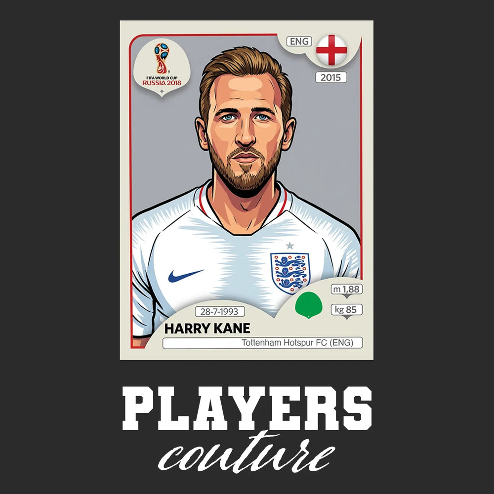 Harry Kane World Cup Sticker Men's T-Shirt – black close-up detail shot of the Harry Kane World Cup Players Couture logo