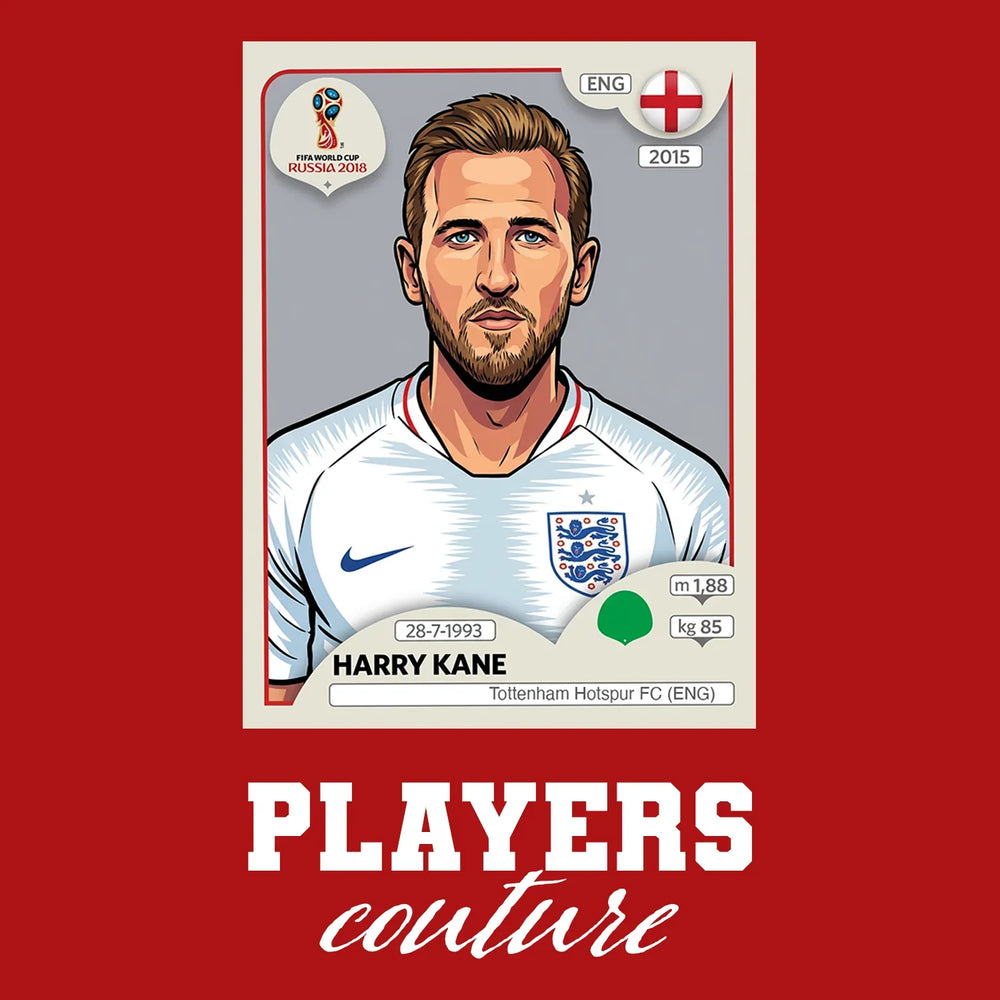 Harry Kane World Cup Sticker Men's T-Shirt – red close-up detail shot of the Harry Kane World Cup Players Couture logo design