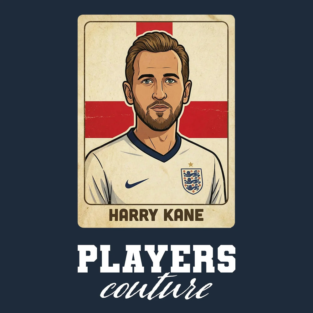 Harry Kane 2 World Cup Sticker Men's T-Shirt – navy close-up detail shot of the Harry Kane 2 World Cup Players Couture logo