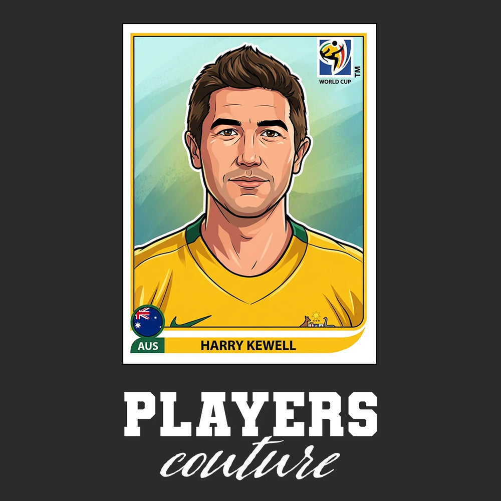 Harry Kewell World Cup Sticker Men's T-Shirt – black close-up detail shot of the Harry Kewell World Cup Players Couture logo
