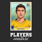 Harry Kewell World Cup Sticker Men's T-Shirt – black close-up detail shot of the Harry Kewell World Cup Players Couture logo