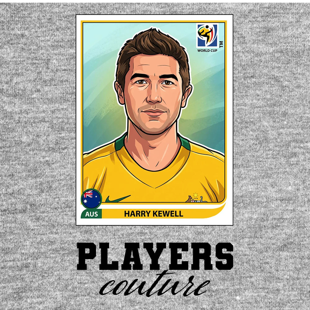 Harry Kewell World Cup Sticker Men's T-Shirt – grey close-up detail shot of the Harry Kewell World Cup Players Couture logo