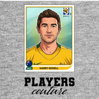 Harry Kewell World Cup Sticker Men's T-Shirt – grey close-up detail shot of the Harry Kewell World Cup Players Couture logo