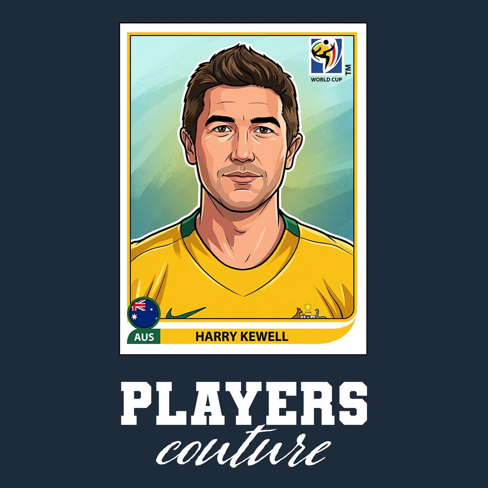 Harry Kewell World Cup Sticker Men's T-Shirt – navy close-up detail shot of the Harry Kewell World Cup Players Couture logo