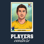 Harry Kewell World Cup Sticker Men's T-Shirt – navy close-up detail shot of the Harry Kewell World Cup Players Couture logo