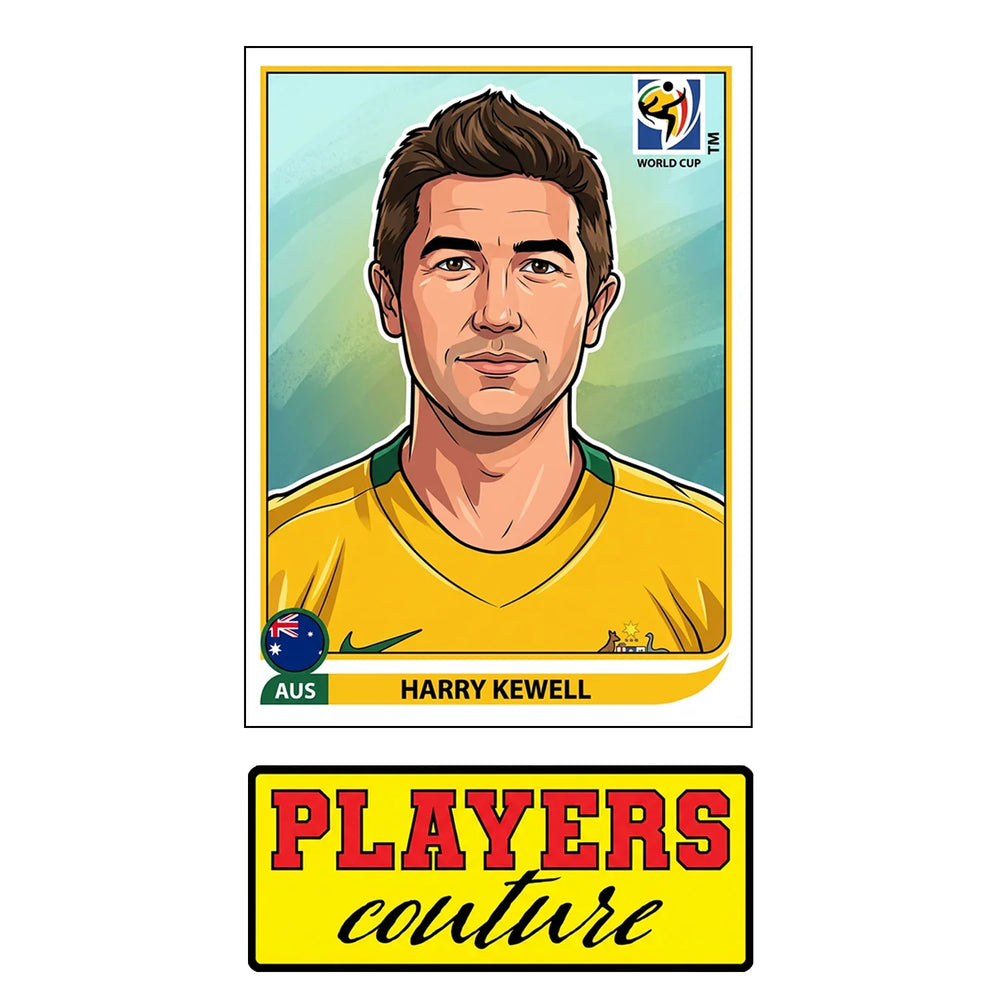 Harry Kewell World Cup Sticker Men's T-Shirt – close-up detail shot of the Harry Kewell World Cup Players Couture logo design