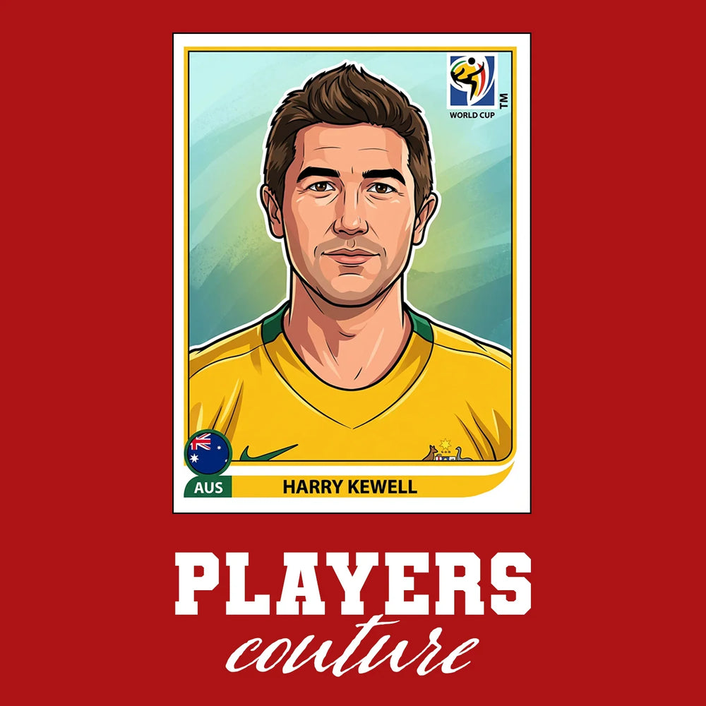Harry Kewell World Cup Sticker Men's T-Shirt – red close-up detail shot of the Harry Kewell World Cup Players Couture logo