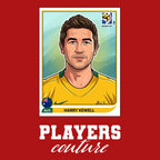 Harry Kewell World Cup Sticker Men's T-Shirt – red close-up detail shot of the Harry Kewell World Cup Players Couture logo