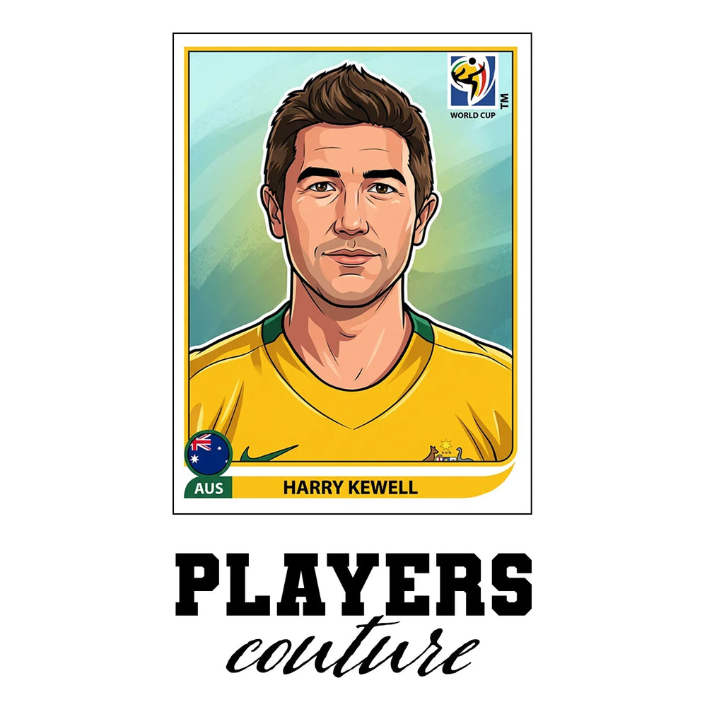 Harry Kewell World Cup Sticker Men's T-Shirt – white close-up detail shot of the Harry Kewell Players Couture logo design