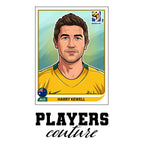Harry Kewell World Cup Sticker Men's T-Shirt – white close-up detail shot of the Harry Kewell Players Couture logo design