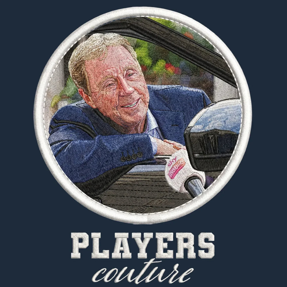 Harry Redknapp Badge Men's T-Shirt – navy close-up detail shot of the Harry Redknapp Players Couture logo design