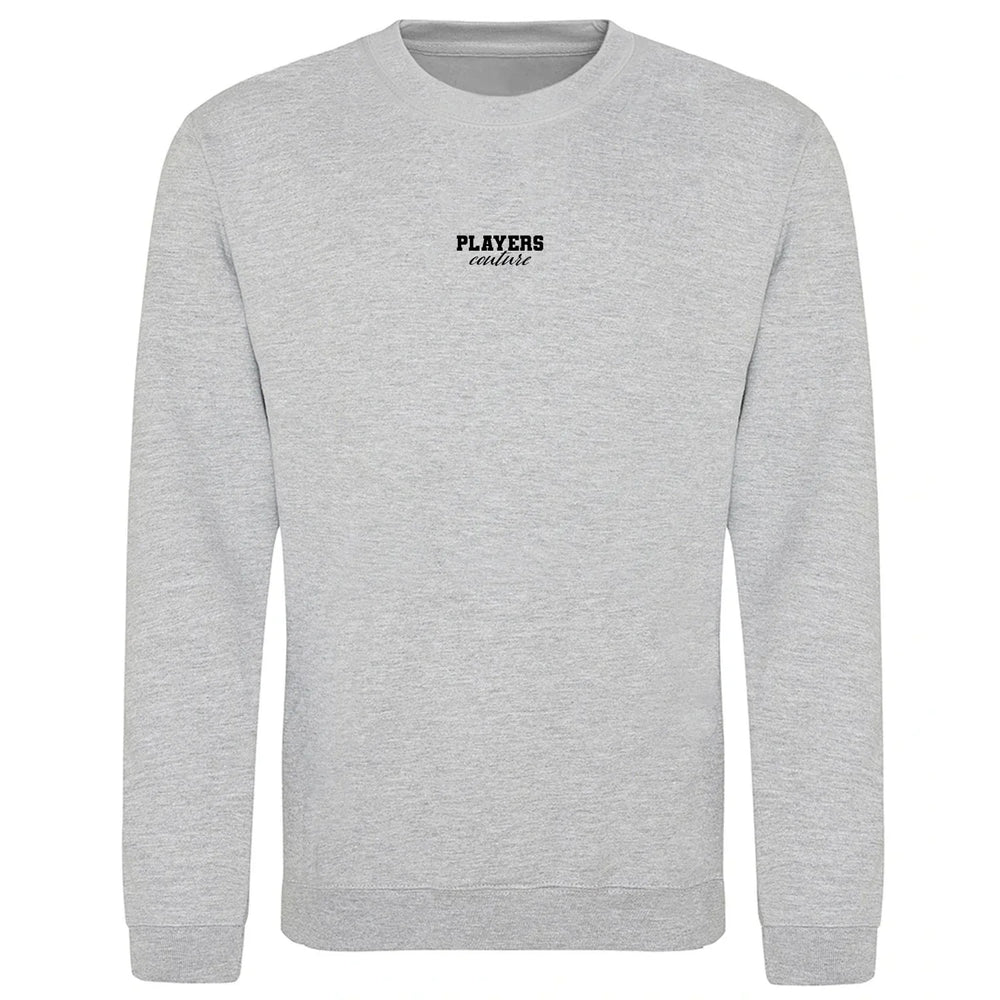 Essentials Collection hoodie – grey men's hoodie with black Essentials Collection letters and Players Couture logo on the