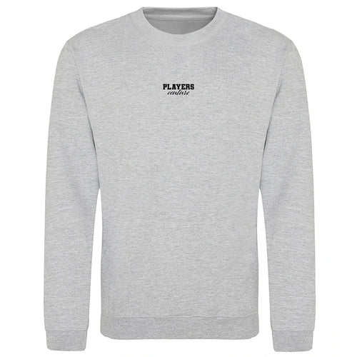 Essentials Collection hoodie – grey men's hoodie with black Essentials Collection letters and Players Couture logo on the