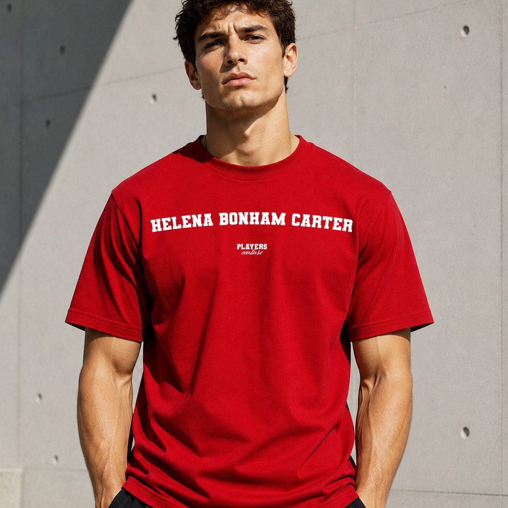 Helena Bonham Carter red men's T-shirt lifestyle photograph 6