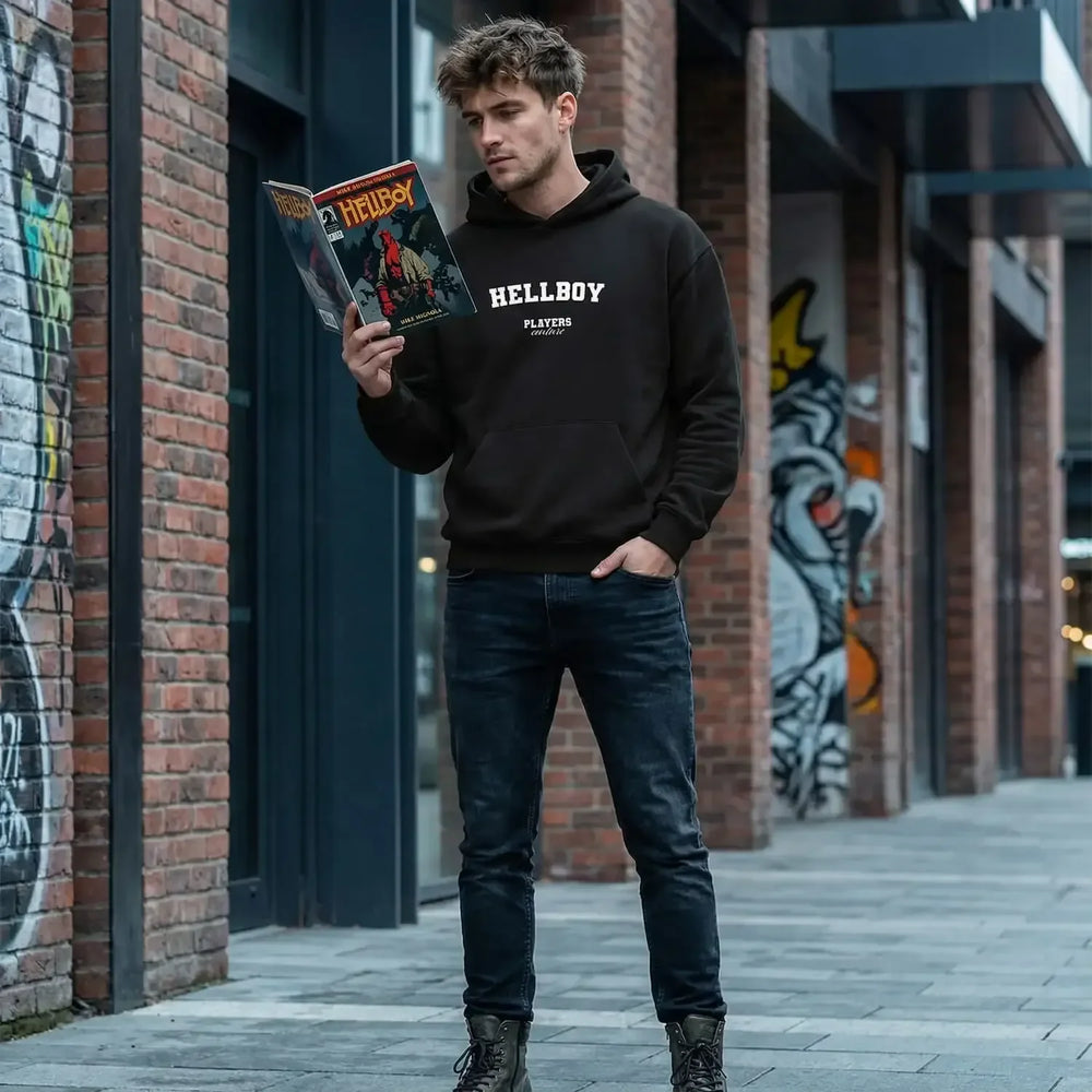 Hellboy hoodie – navy men's hoodie with white Hellboy letters and Players Couture logo on the chest