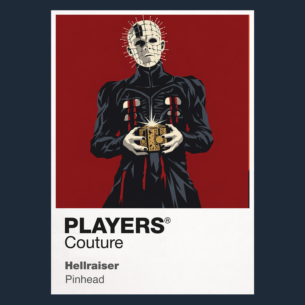 Hellraiser Pinhead and the Cenobites emerging around the opened Lament Configuration Icon Frame artwork in navy
