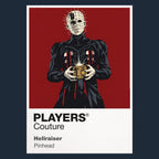 Hellraiser Pinhead and the Cenobites emerging around the opened Lament Configuration Icon Frame artwork in navy
