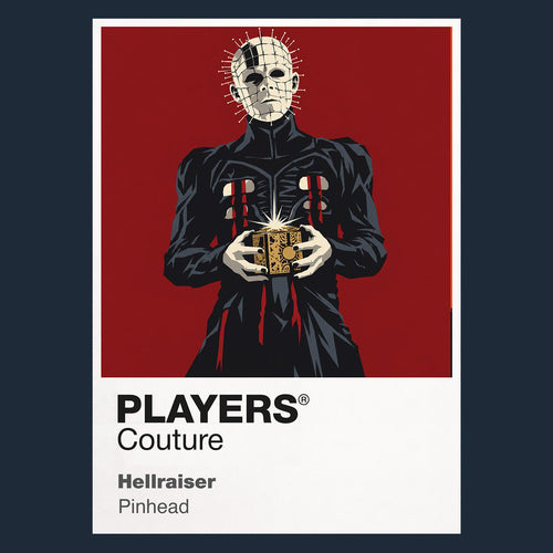 Hellraiser Pinhead and the Cenobites emerging around the opened Lament Configuration Icon Frame artwork in navy