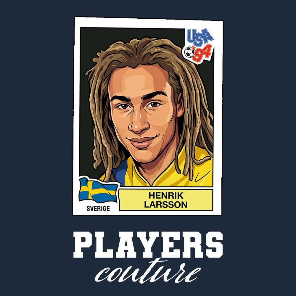 Henrik Larsson World Cup Sticker Men's T-Shirt – navy close-up detail shot of the Henrik Larsson World Cup Players Couture