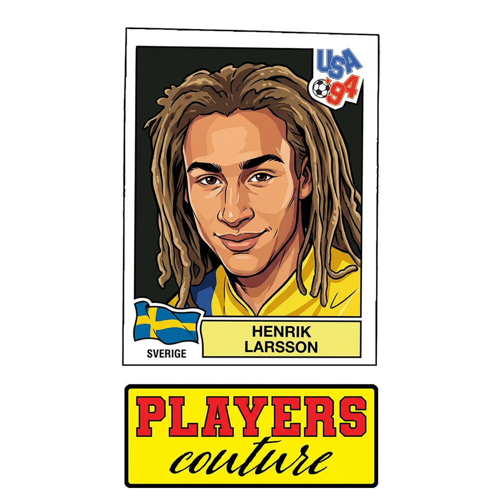 Henrik Larsson World Cup Sticker Men's T-Shirt – close-up detail shot of the Henrik Larsson World Cup Players Couture logo