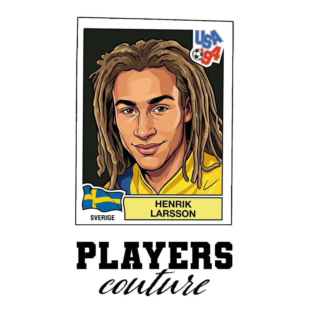 Henrik Larsson World Cup Sticker Men's T-Shirt – white close-up detail shot of the Henrik Larsson Players Couture logo design