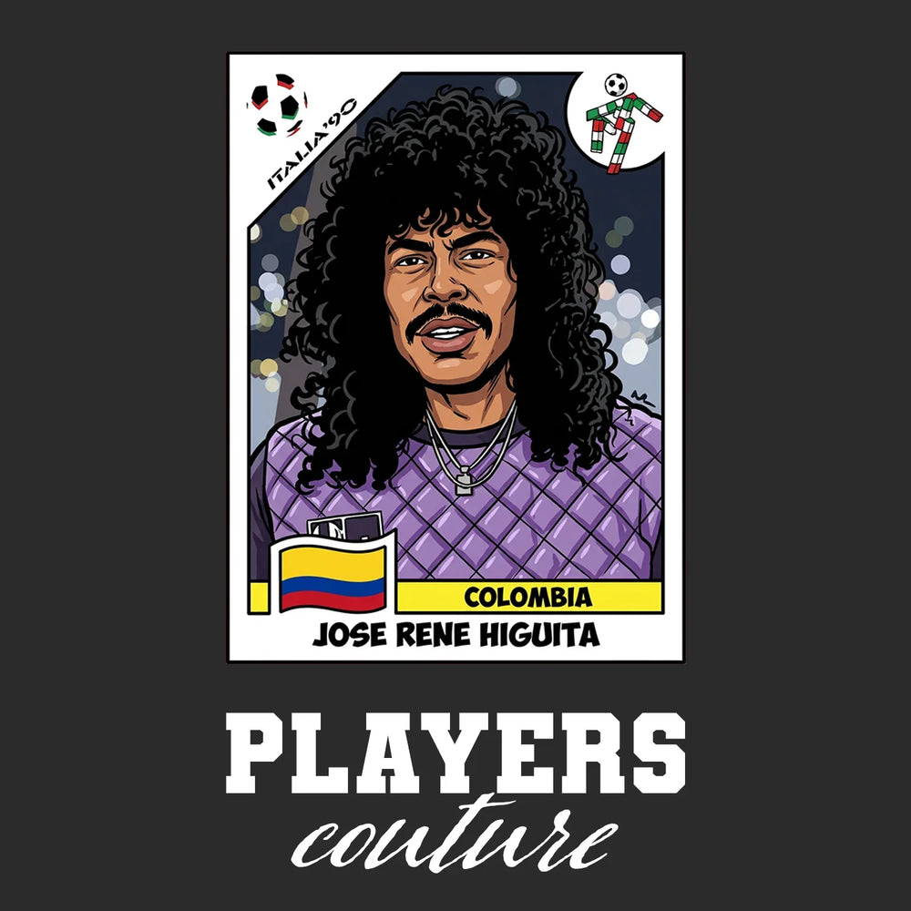 Rene Higuita World Cup Sticker Men's T-Shirt – black close-up detail shot of the Rene Higuita World Cup Players Couture logo