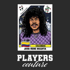 Rene Higuita World Cup Sticker Men's T-Shirt – black close-up detail shot of the Rene Higuita World Cup Players Couture logo