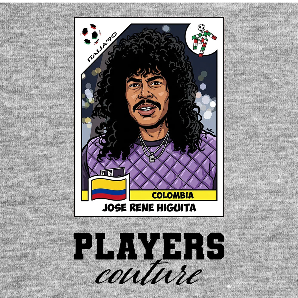 Rene Higuita World Cup Sticker Men's T-Shirt – grey close-up detail shot of the Rene Higuita World Cup Players Couture logo