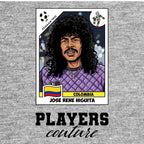 Rene Higuita World Cup Sticker Men's T-Shirt – grey close-up detail shot of the Rene Higuita World Cup Players Couture logo