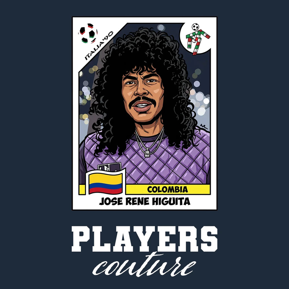 Rene Higuita World Cup Sticker Men's T-Shirt – navy close-up detail shot of the Rene Higuita World Cup Players Couture logo