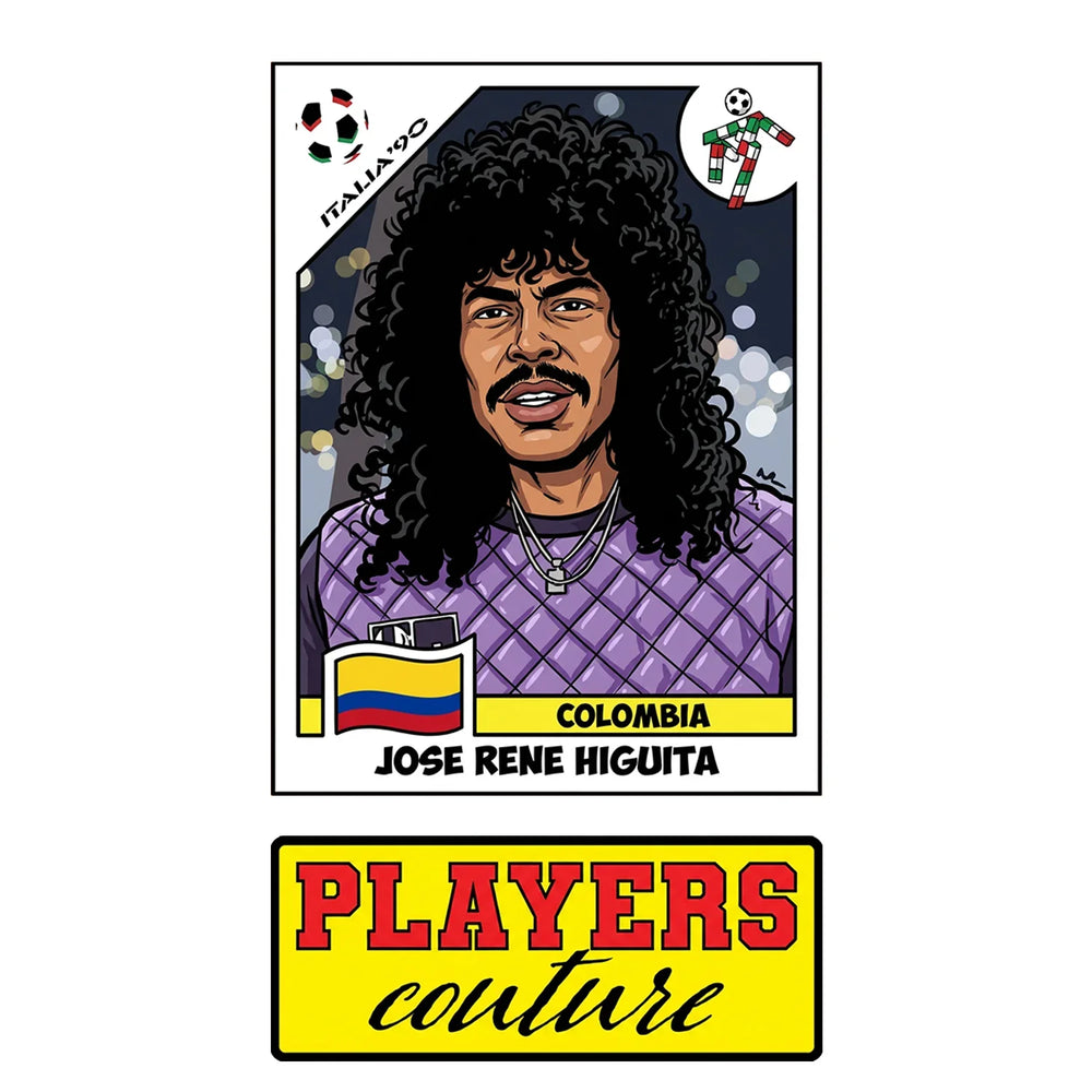Rene Higuita World Cup Sticker Men's T-Shirt – close-up detail shot of the Rene Higuita World Cup Players Couture logo design