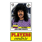 Rene Higuita World Cup Sticker Men's T-Shirt – close-up detail shot of the Rene Higuita World Cup Players Couture logo design