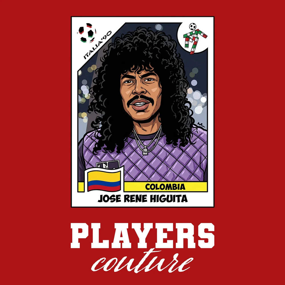 Rene Higuita World Cup Sticker Men's T-Shirt – red close-up detail shot of the Rene Higuita World Cup Players Couture logo