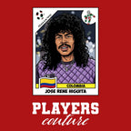 Rene Higuita World Cup Sticker Men's T-Shirt – red close-up detail shot of the Rene Higuita World Cup Players Couture logo