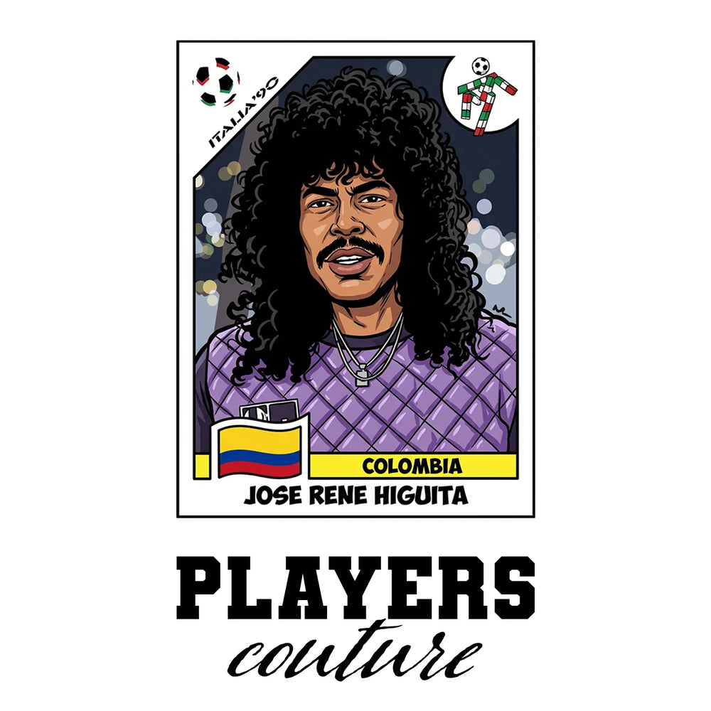 Rene Higuita World Cup Sticker Men's T-Shirt – white close-up detail shot of the Rene Higuita Players Couture logo design