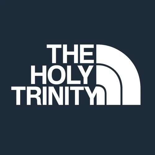 The Holy Trinity Logo Men's T-Shirt – navy close-up detail shot of the The Holy Trinity Players Couture logo design