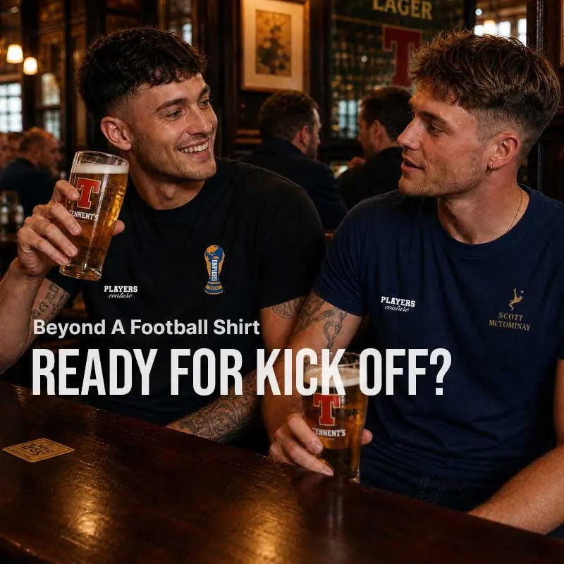 Two men sitting at a bar, holding beer glasses with text overlay about football shirts and kicking off.