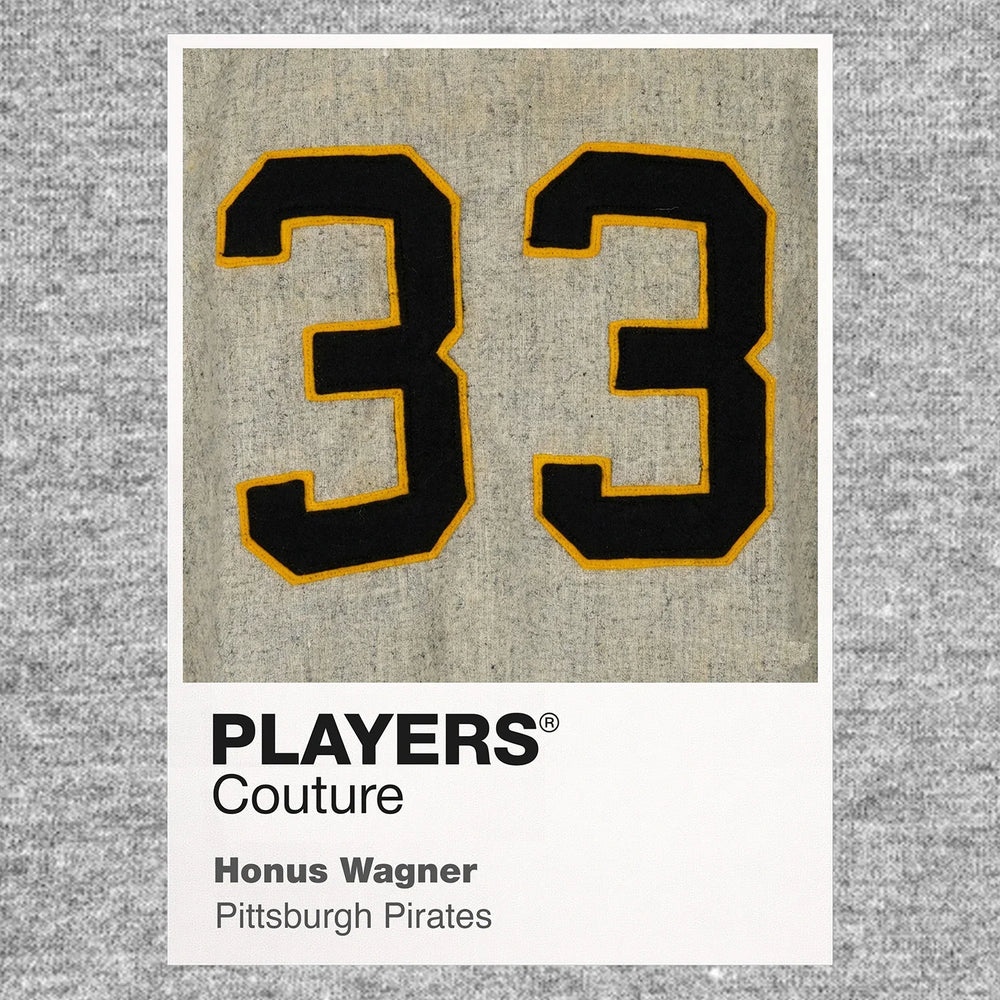 Honus Wagner 33 Jersey Frame Men's T-Shirt – grey close-up detail shot of the Honus Wagner 33 Players Couture logo design