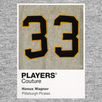 Honus Wagner 33 Jersey Frame Men's T-Shirt – grey close-up detail shot of the Honus Wagner 33 Players Couture logo design