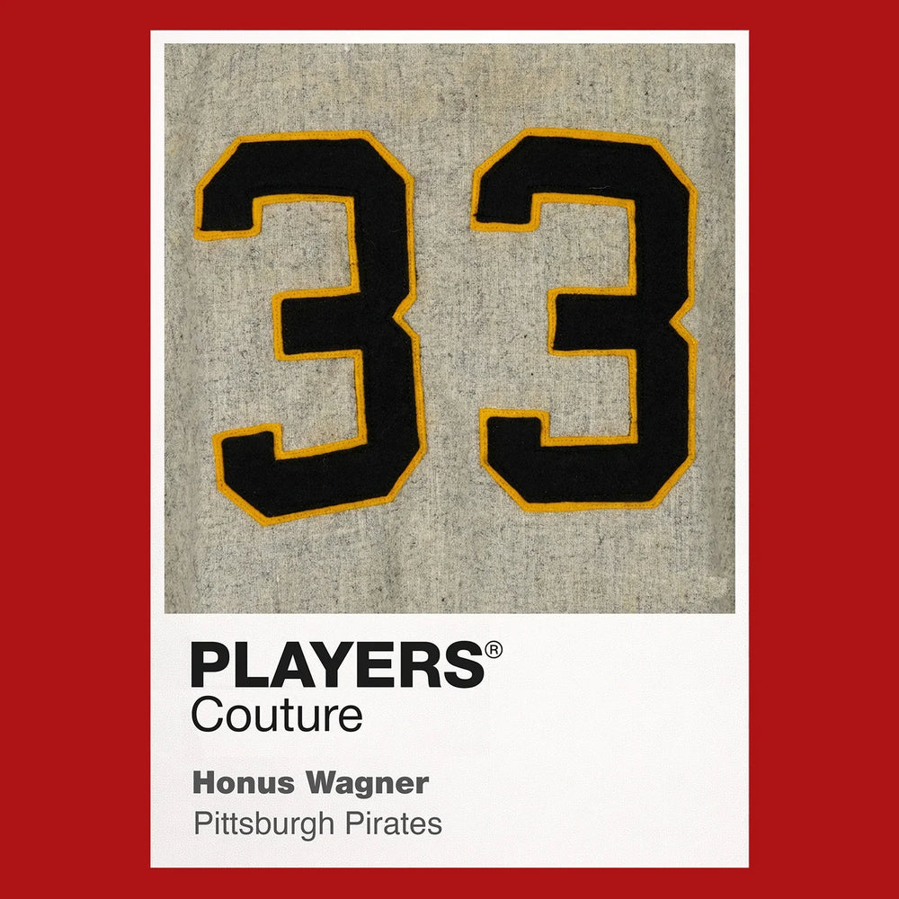 Honus Wagner 33 Jersey Frame Men's T-Shirt – red close-up detail shot of the Honus Wagner 33 Players Couture logo design