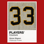 Honus Wagner 33 Jersey Frame Men's T-Shirt – red close-up detail shot of the Honus Wagner 33 Players Couture logo design