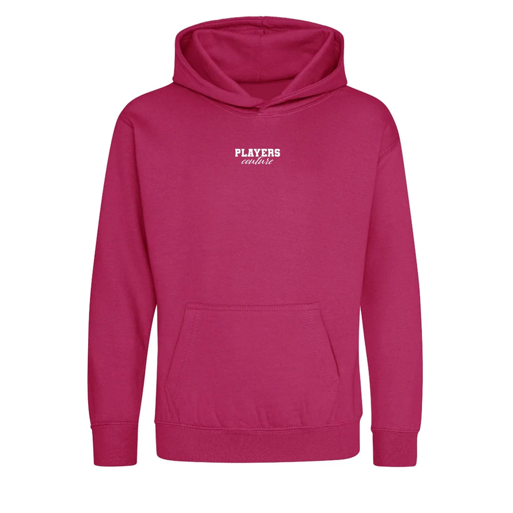 Essentials Collection hoodie – pink kids' hoodie with black Essentials Collection letters and Players Couture logo on the