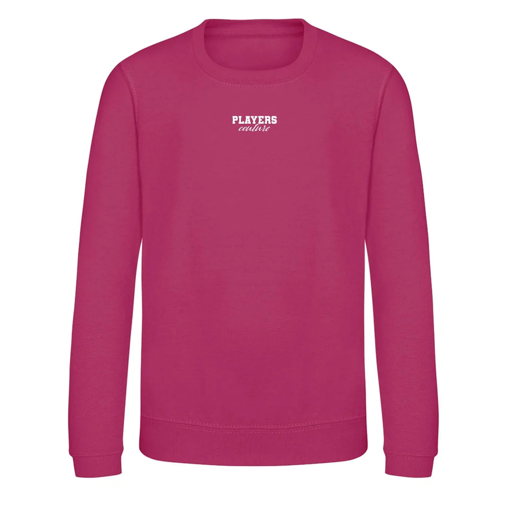 Essentials Collection hoodie – pink kids' hoodie with black Essentials Collection letters and Players Couture logo on the